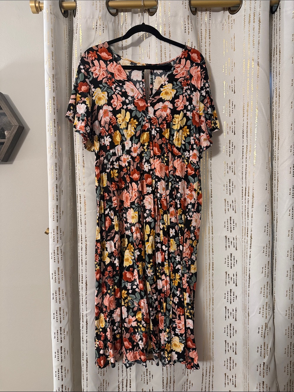 Torrid Floral Short-Sleeve Midi Dress in Black with Pink & Yellow Blooms